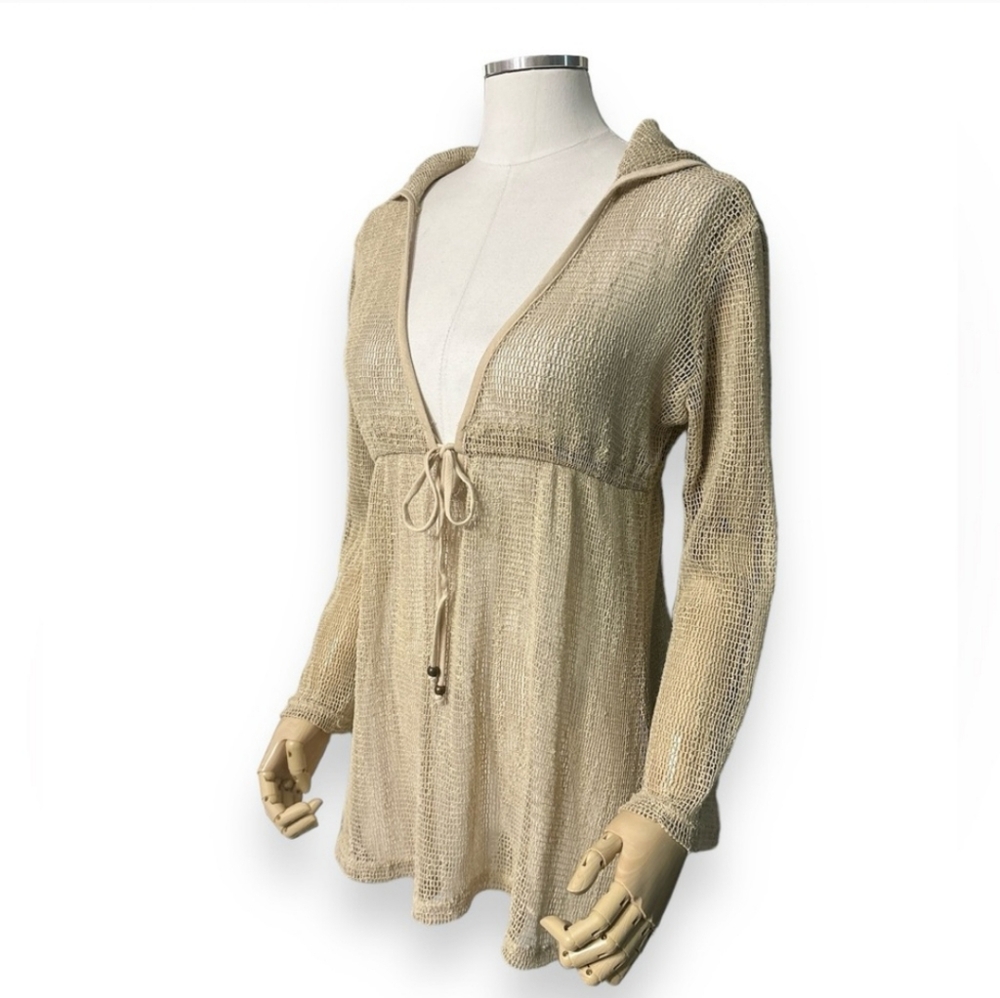 J. VALDI Cotton Crochet Plunge Neck Hooded Swim Cover Up